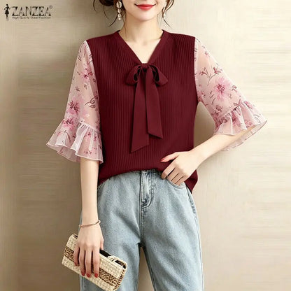 ZANZEA Women Elegant Plisse Blouses Floral Printed 3/4 Flared Sleeve Tops Summer Casual Loose Bow Detail V-Neck Blusas de Mujer