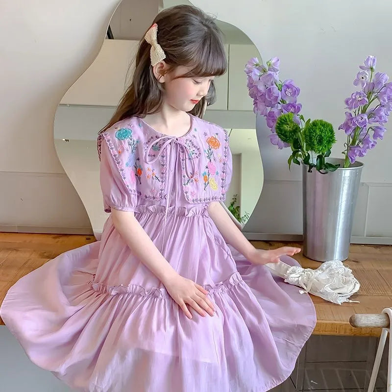 Princess Dress with Puff Sleeves Children Kids Dresses for Girls Summer Suit Girl Fashion Clothes 8 10 Years 12 14 Old Pink Sets