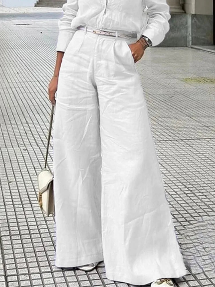 Bonboho Women's Cotton Linen High Waist Wide Leg Pants with Pockets 2026 Summer Minimalist Solid Color Casual Office Trousers