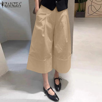 ZANZEA 2026 Women Casual Calf-Length Pants Elastic Back Waist Solid Color Wide-Leg Cropped Pant Autumn Loose Cozy Woman Bottoms