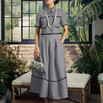 Fashion Summer 2 Pieces Sets ZANZEA Short Sleeve Shirt A Line Skirt Suit Women OL Work Dress Sets 2026 Stylish Patchwork Outfits