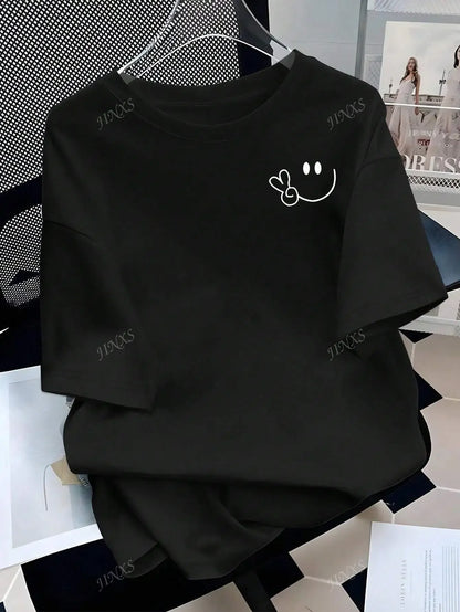 Stylish Tee with Adorable Smile and Peace Sign Design Ideal for Curvy Ladies into Playful Fashion