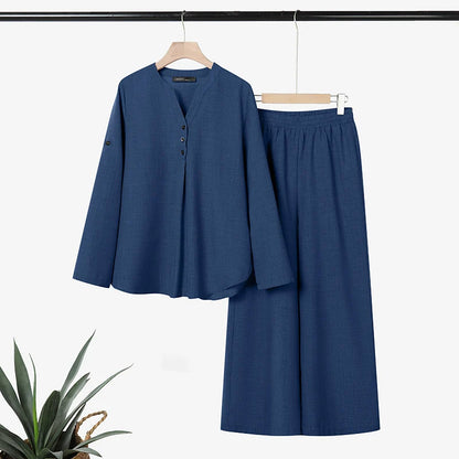 Women's Loose Pant Suits Half-Button Long Sleeve Blouse & Wide Leg Pant 2 Piece Sets ZANZEA Summer Daily Casual Pant Sets Outfit