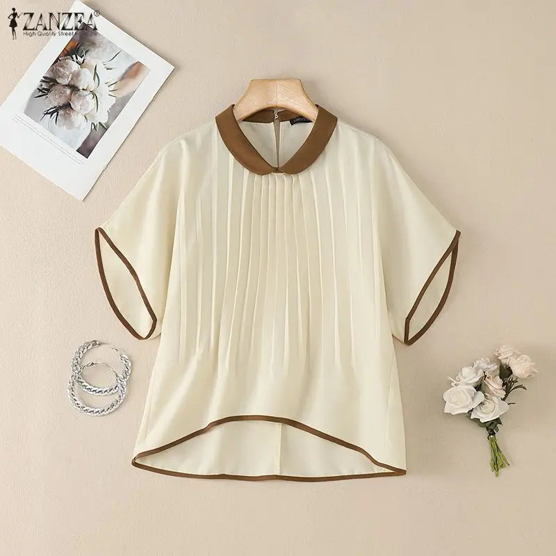 ZANZEA Woman Casual Chic Pleated High-Low Blouses Peter-Pan Collar Half Sleeves Contrast-Color Tops 2026 Summer Blusas de Mujer