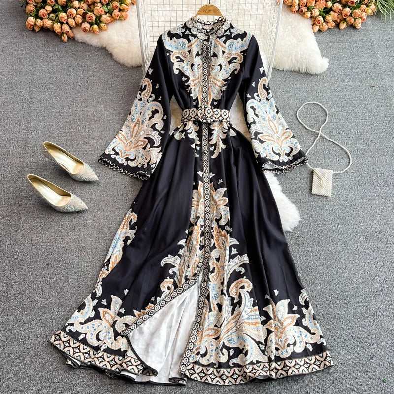 Spring Autumn Women's Dress Vintage Long Sleeve Print Floral High Waist Boho Party Maxi Vestidos Elegant Luxury Long Dresses