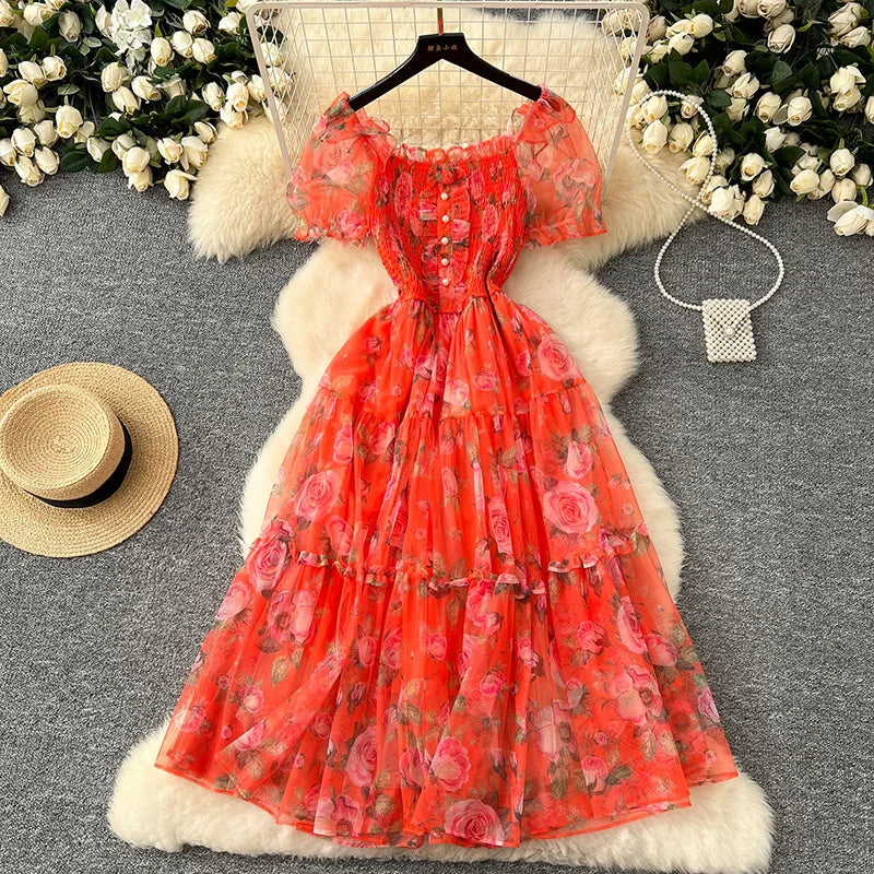 Summer Vintage French Mesh Dress for Women New Waist Cinched Slash Neck Bubble Sleeves Sweet Floral Chiffon Dress Female C146