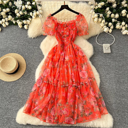Summer Vintage French Mesh Dress for Women New Waist Cinched Slash Neck Bubble Sleeves Sweet Floral Chiffon Dress Female C146