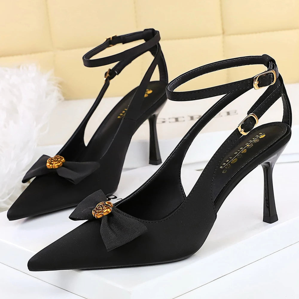 BIGTREE Shoes High-Heeled Sandals Women Pumps Metal Flower High Heels Women Stiletto 8 cm Bowknot Women Sandals Summer Shoes