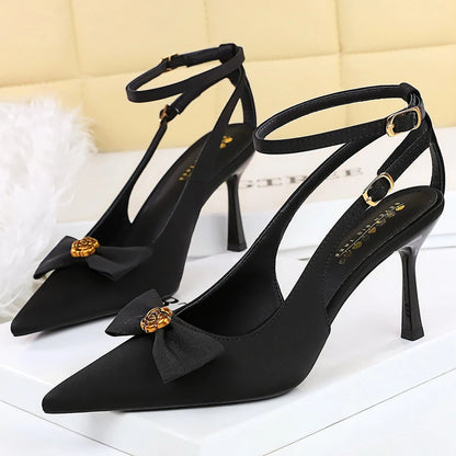 BIGTREE Shoes High-Heeled Sandals Women Pumps Metal Flower High Heels Women Stiletto 8 cm Bowknot Women Sandals Summer Shoes