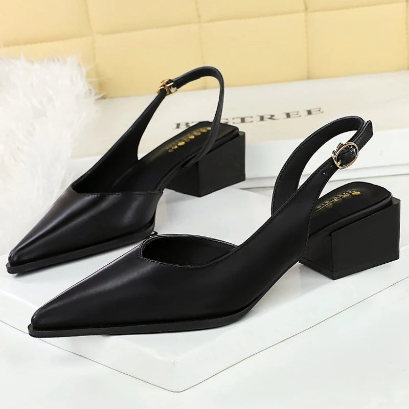 BIGTREE Shoes New Women Pumps Pointed Middle-High Heeled Shoes Hollow Out Hook Strap Women's Sandals Thick With Ladies Shoes