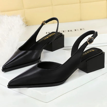 BIGTREE Shoes New Women Pumps Pointed Middle-High Heeled Shoes Hollow Out Hook Strap Women's Sandals Thick With Ladies Shoes