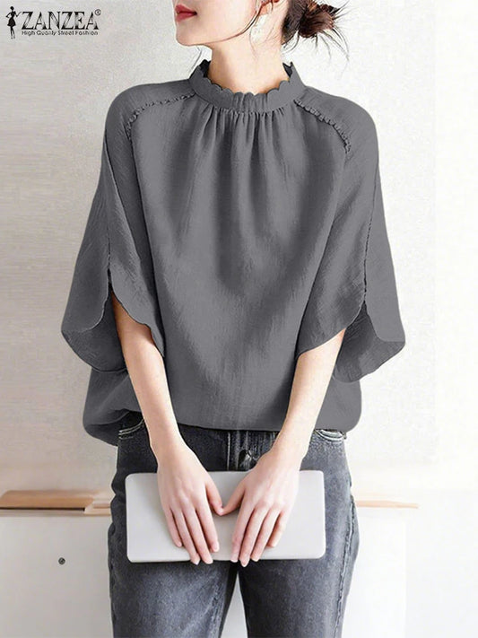 Vintage Stand Neck Blouse Women Solid Color Elegant Work Tops ZANZEA 2025 Spring Pleated  Blusas Casual Loose 3/4 Sleeve Tops