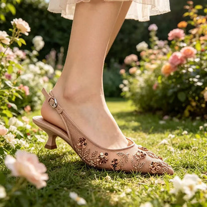 Luxury Bling String Bead Detail Mid Heel Women Pumps Pointed Toe Mesh Slingback Heeled Sandals for Ladies Elegant Women Shoes