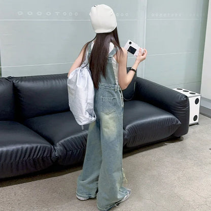 Overalls for Kids Pink Loose Casual Wide Leg Jeans Teenage Girls Jumpsuit Fashion All-match 12 13 14 Years Children Trousers