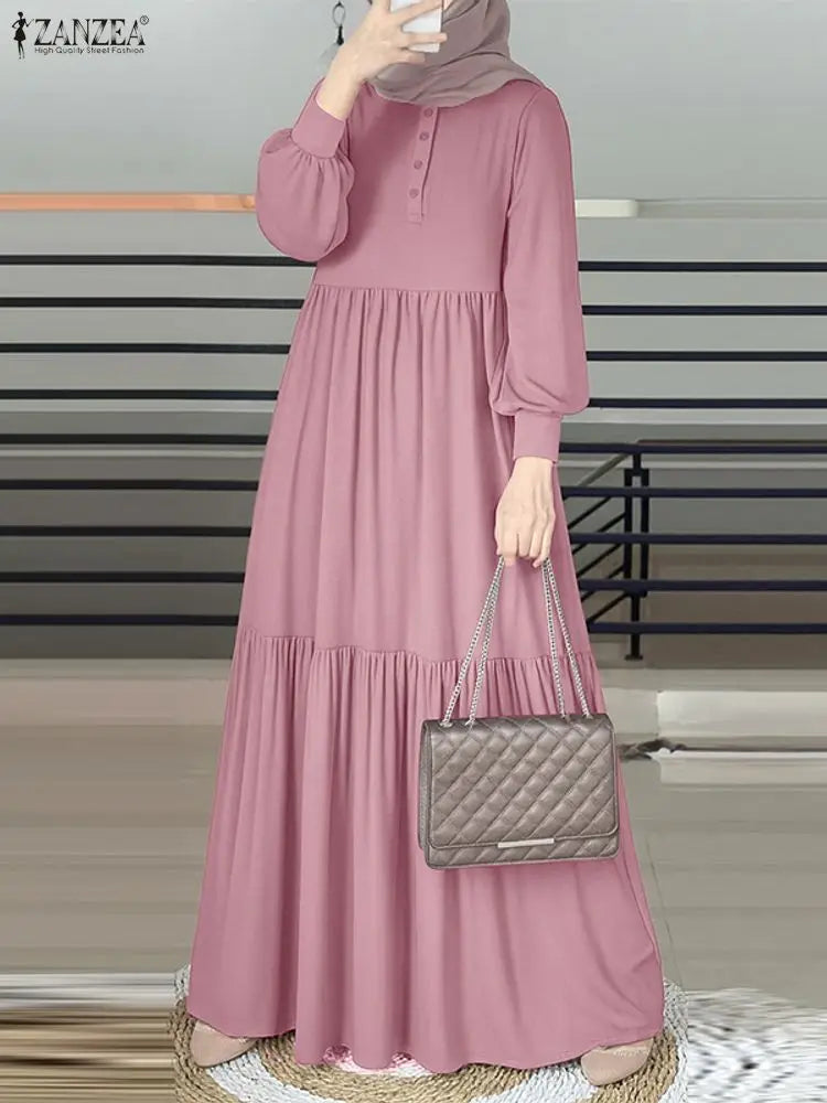 ZANZEA Elegant Muslim Abaya Hijab Long Dress Women Long Sleeve Ramadan Robe Spring Sundress Solid Loose Maxi Vestido Kaftan 2026