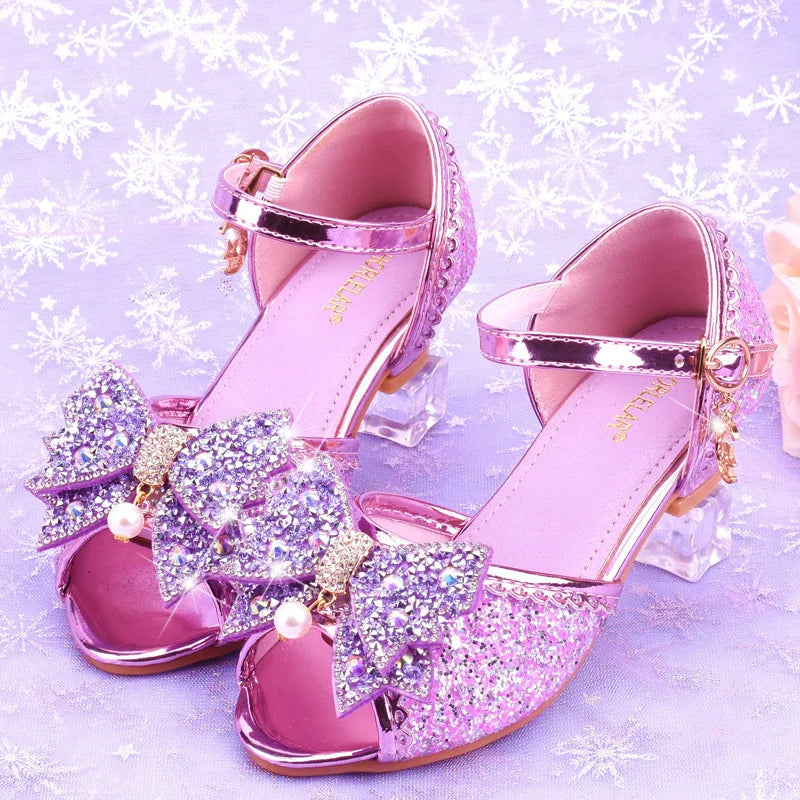 Children Princess Sandals Kids Girls Wedding Shoes High Heels Dress Shoes Bowtie Purple Pink Blue Silver Shoes For Girls