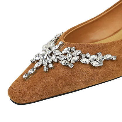 BIGTREE Shoes Rhinestone Chain Decoration Low Heeled Women's Shoes Suede Wedge Heel Shoes Pointed Tip Retro Wedges Ladies Shoes