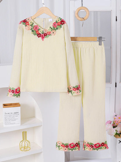Girls Big Kids 2pcs Set Long Pants Outfit Ethnic Style Long Sleeve Top And Long Pants for Outdoor Scenarios Casual Occasions