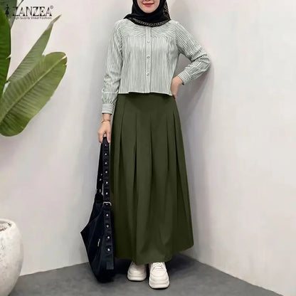 ZANZEA 2PCS Women Muslim Matching Sets Elegant Long Sleeve Striped Shirt Dress Suit Ramadan Outfits Fashion Hijab 2 Pieces Sets