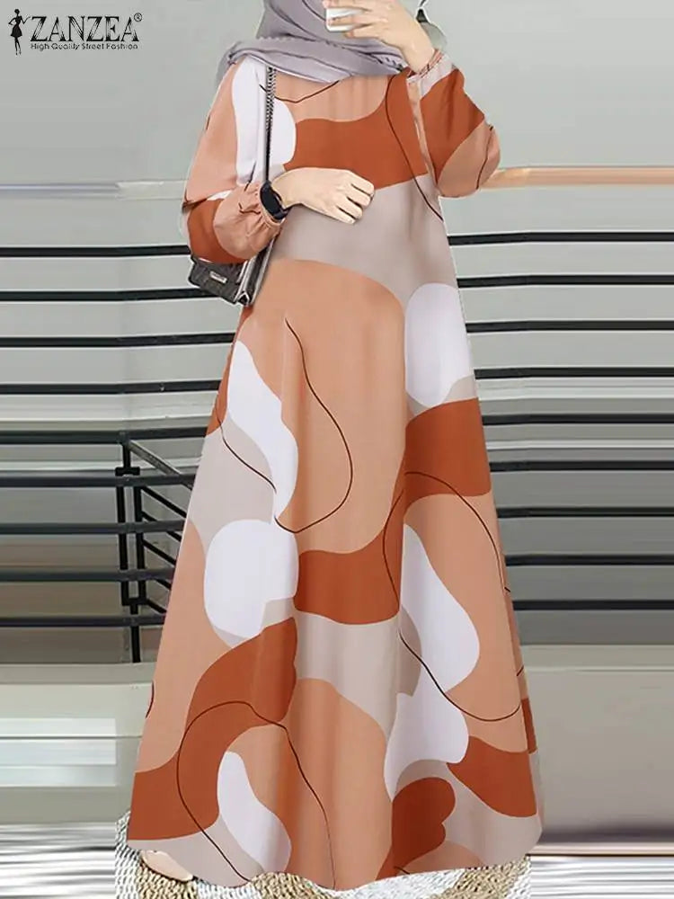 Vintage Muslim Abaya ZANZEA Women Printed Maxi Dresses Fashion Long Sleeve Islamic Robe Dubai Sundress Hijab Vestidos Kaftan