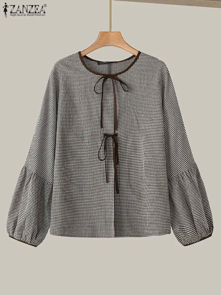 ZANZEA Women Plaid Printed Blouse Fashion Lace Up Shirts Holiday Sweety O-neck Long Sleeve Tops Casual Autumn 2024 Bowtie Tunics