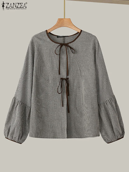 ZANZEA Women Plaid Printed Blouse Fashion Lace Up Shirts Holiday Sweety O-neck Long Sleeve Tops Casual Autumn 2024 Bowtie Tunics