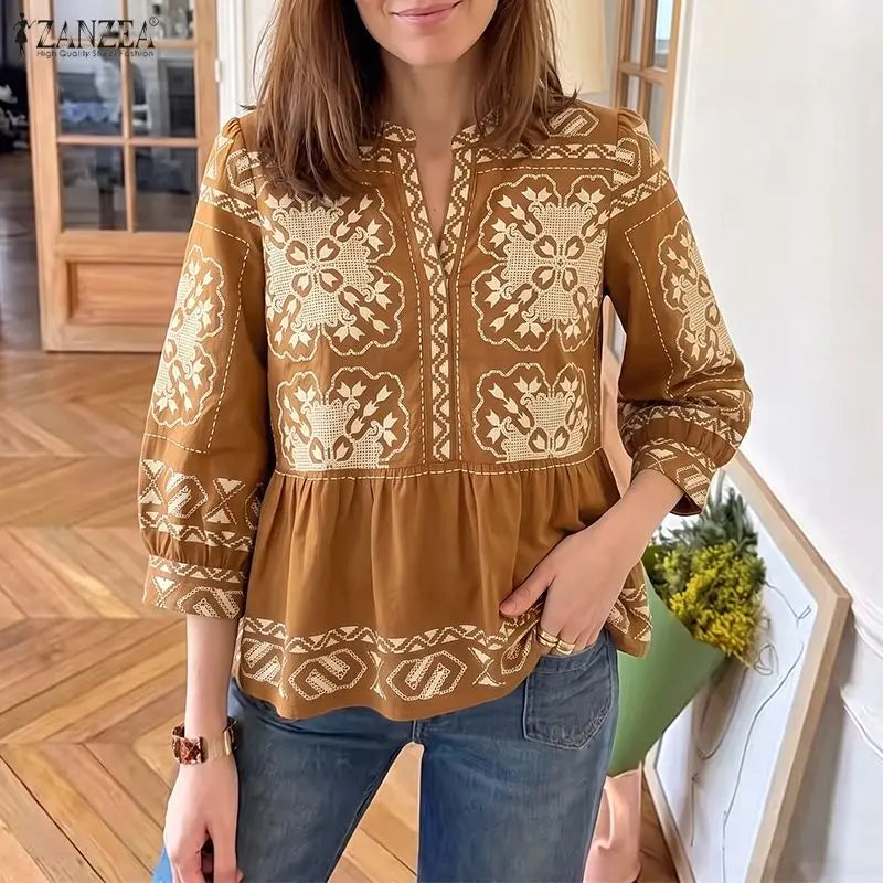 ZANZEA Women Summer Ethnic Floral Print Blouses Casual V-Neck 3/4 Lantern Sleeves Peplum Tops Bohemian Vacation Blusas Mujer
