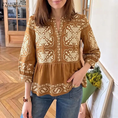 ZANZEA Women Summer Ethnic Floral Print Blouses Casual V-Neck 3/4 Lantern Sleeves Peplum Tops Bohemian Vacation Blusas Mujer