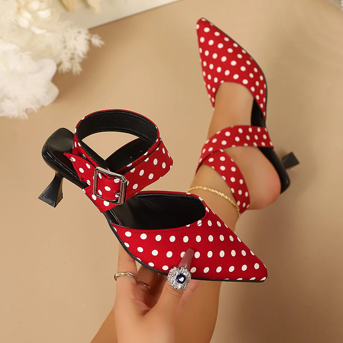 Ladies Cross-Band High Heels Sandals Thin Heel Summer New Polka Dot Slip-On Buckle Strap Elegant Footwear for Women