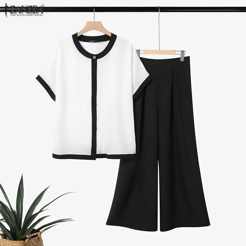 ZANZEA Color Blocked Loose 2 Pieces Matching Pant Sets Women Contrat-Trim Half Sleeve Tops & Wide Leg Pants Casual 2pcs Suits