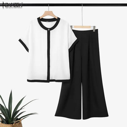 ZANZEA Color Blocked Loose 2 Pieces Matching Pant Sets Women Contrat-Trim Half Sleeve Tops & Wide Leg Pants Casual 2pcs Suits