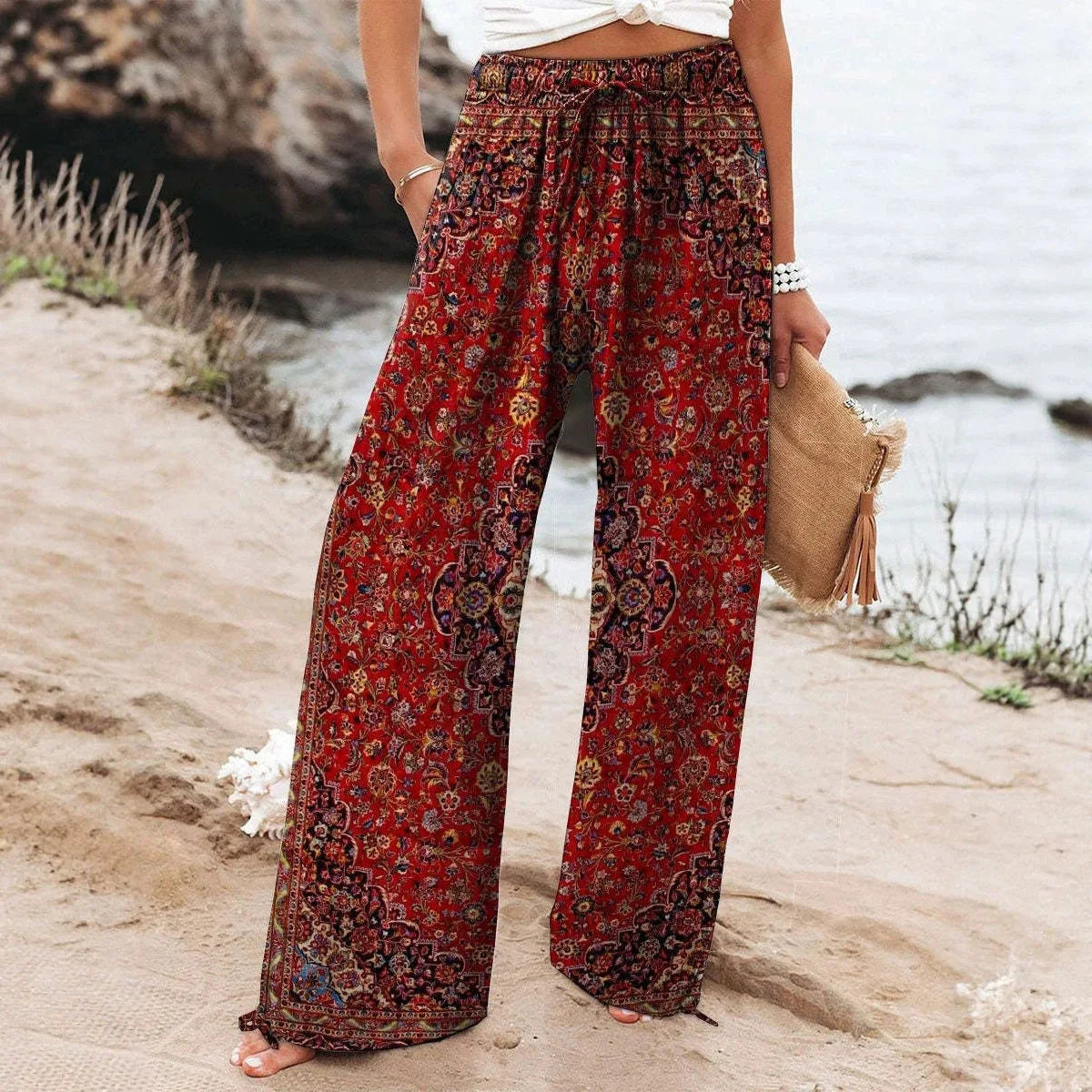 Women's New High Waist Loose Casual Wide Leg Print Pants Summer Beach EU US Style Comfy Flowy Trousers