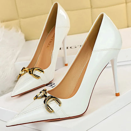 Luxury Women Pumps Metal Belt Buckle High Heels Patent Leather Women Heels Stilettos Career OL Office Shoes Plus Size 41 42 43
