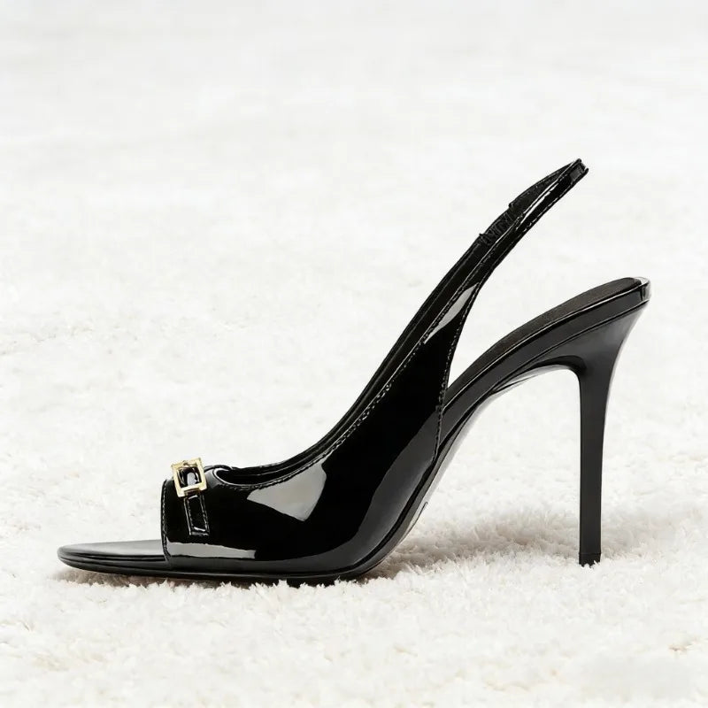 Metal Buckle Belt Peep Toe Heeled Sandals Women Sexy Patent Leather Back Strap Thin High Heels Elegant Dress Gladiator Sandalias