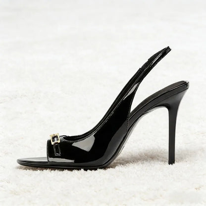 Metal Buckle Belt Peep Toe Heeled Sandals Women Sexy Patent Leather Back Strap Thin High Heels Elegant Dress Gladiator Sandalias