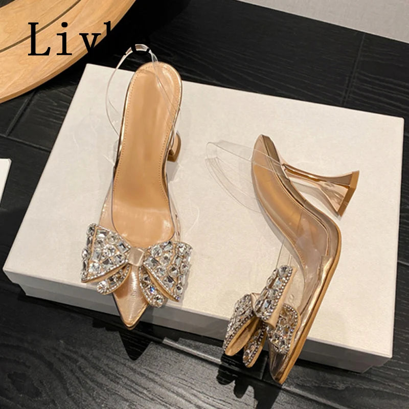 Liyke 2026 New Silver Crystal Bowknot Women Pumps High Heels Transparent Sandals Sexy Pointed Toe Wedding Banquet Shoes Size 41