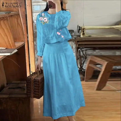 ZANZEA Women's Elegant Skirt Suits Floral Print 3/4 Sleeve Cropped Shirts & Pintuck Maxi Skirts 2 Piece Sets Outfits Woman Sets