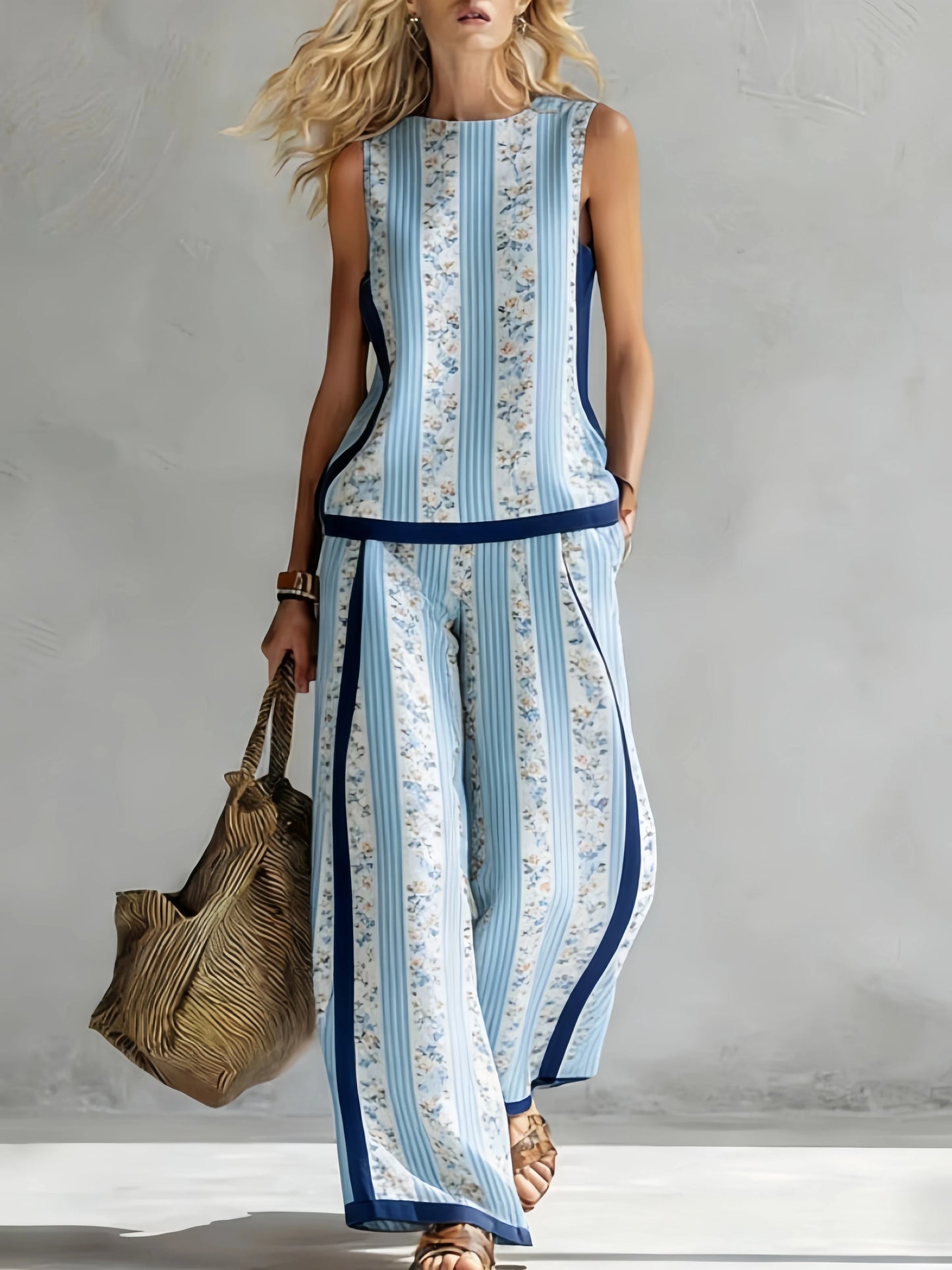 Fashion Retro Printed Sleeveless Tops Trousers 2-piece Set Women's Summer Casual Vest Loose Wide Leg Trousers Female Suit Pocket