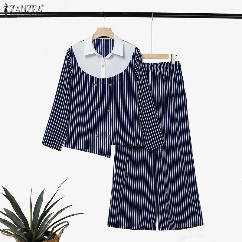 ZANZEA Women's Striped 2-Piece Sets Color-Blocked Long Sleeve Blouse & Wide Leg Pant Matching Sets Autumn Elegant Chic Co-ords
