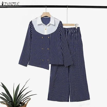 ZANZEA Women's Striped 2-Piece Sets Color-Blocked Long Sleeve Blouse & Wide Leg Pant Matching Sets Autumn Elegant Chic Co-ords