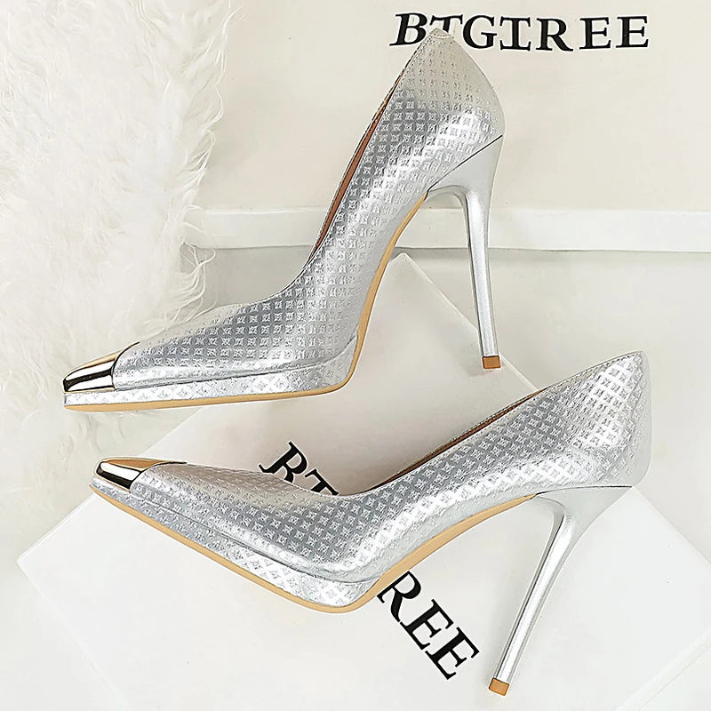 BIGTREE Shoes Embossed Patent Leather Women Pumps Metal Pointed Tip High Heels Sexy Party Shoes Stilettos 11.5 Cm Heels Platform