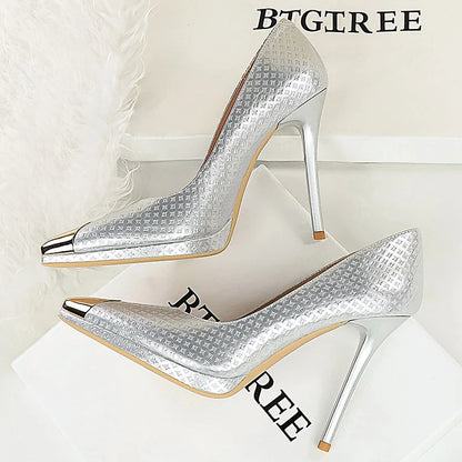 BIGTREE Shoes Embossed Patent Leather Women Pumps Metal Pointed Tip High Heels Sexy Party Shoes Stilettos 11.5 Cm Heels Platform