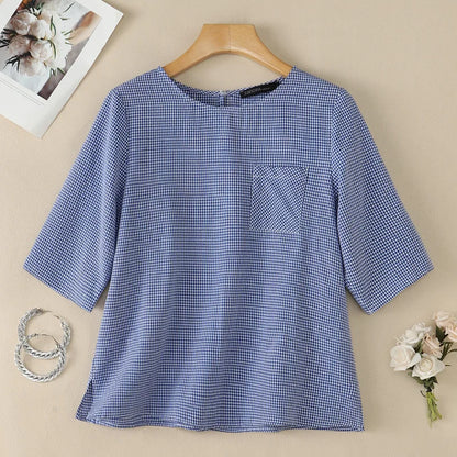 ZANZEA Woman Gingham Check Loose Blouses O-Neck Half Sleeves Pocket Detail Side Slit Tunic Tops Summer Casual Daily Wear Blusas