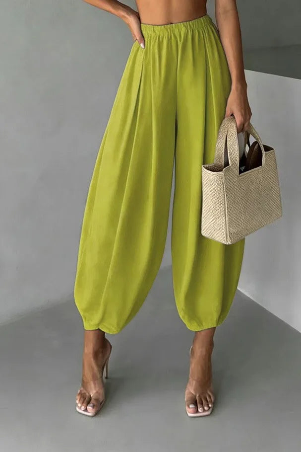 Summer Women's Clothing Loose Fit Harem Pants Retro Wide Leg Trousers With Elastic Waist Vintage Polyester Ice Silk Long Pants