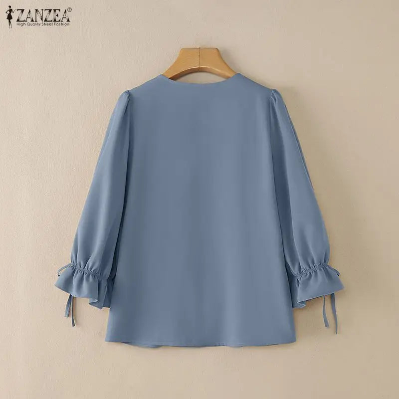 ZANZEA Elegant Contrast-Piping Women's Blouses 2026 Spring 3/4 Lantern Sleeve Tied Cuffs Solid Color Tops Woman Clothes New In