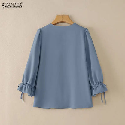 ZANZEA Elegant Contrast-Piping Women's Blouses 2026 Spring 3/4 Lantern Sleeve Tied Cuffs Solid Color Tops Woman Clothes New In