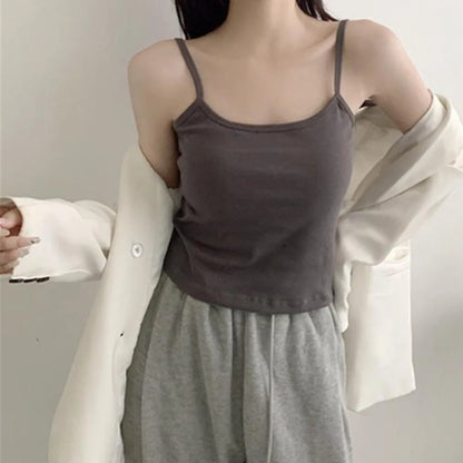 1PC Korean Women's Solid Color Spaghetti Straps Sleeveless Slim Camisole With Chest Pad