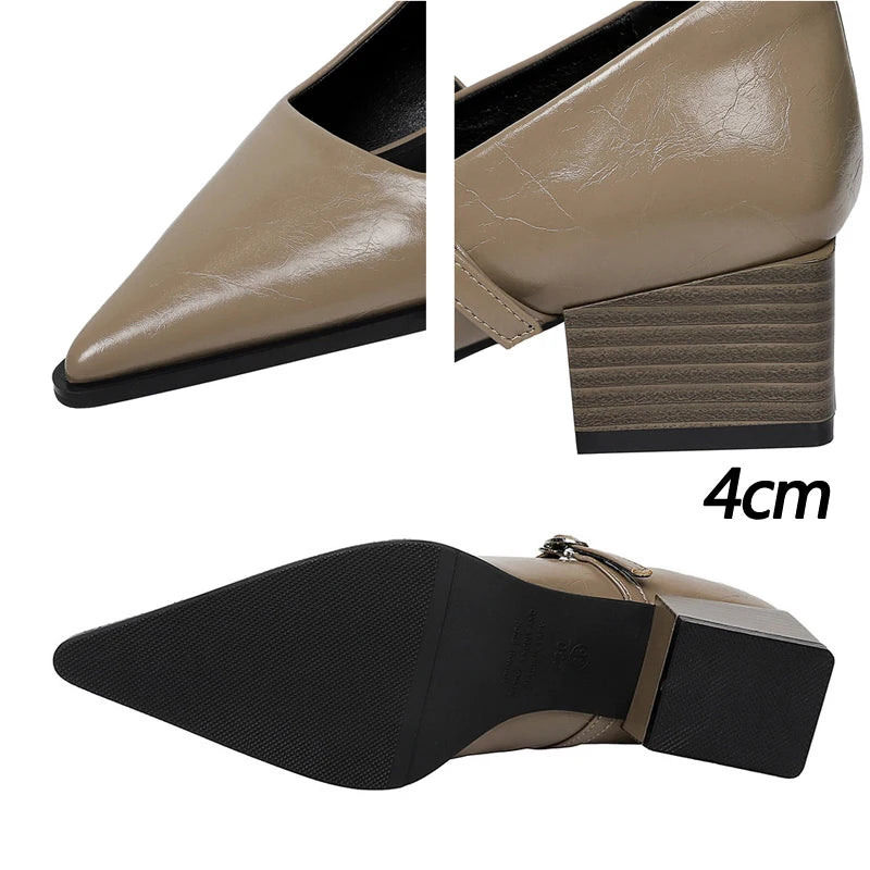 Quality PU Leather Shoes Women Pumps Pointed Tip Mid Heel Women Shoes Chunky Heel Ladies Shoes Buckle Career OL Office Shoes
