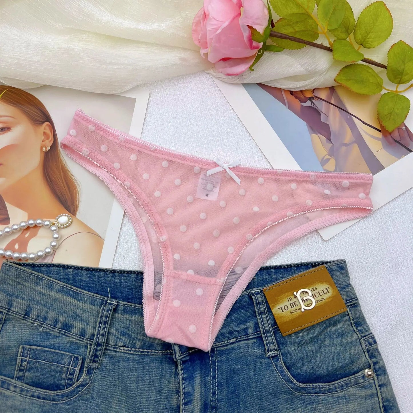 3pcs Lady's Underwear Sexy Bikini Panty Women's Polka Dot Mesh Briefs Low Rise Cut Cheeky Bow Decor Cute Underwear All-season