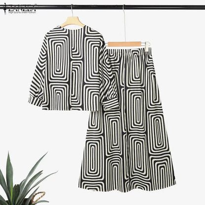 2026 ZANZEA Fashion Muslim Suit Outfits Autumn 2 Piece Sets Spring Long Sleeve Shirt Dress Skirts Women Printed Matching Sets
